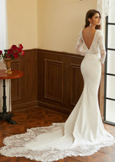 Kimberley | Long Sleeve Lace Mermaid V Neck Ivory Wedding Dress with Cathedral Train - Ivory - PromDressClub